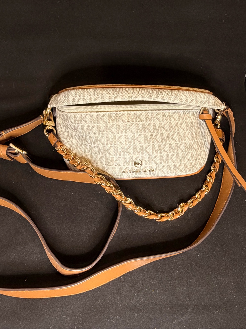 Michael Kors Cream and Tan Logo Crossbody with Gold Chain
